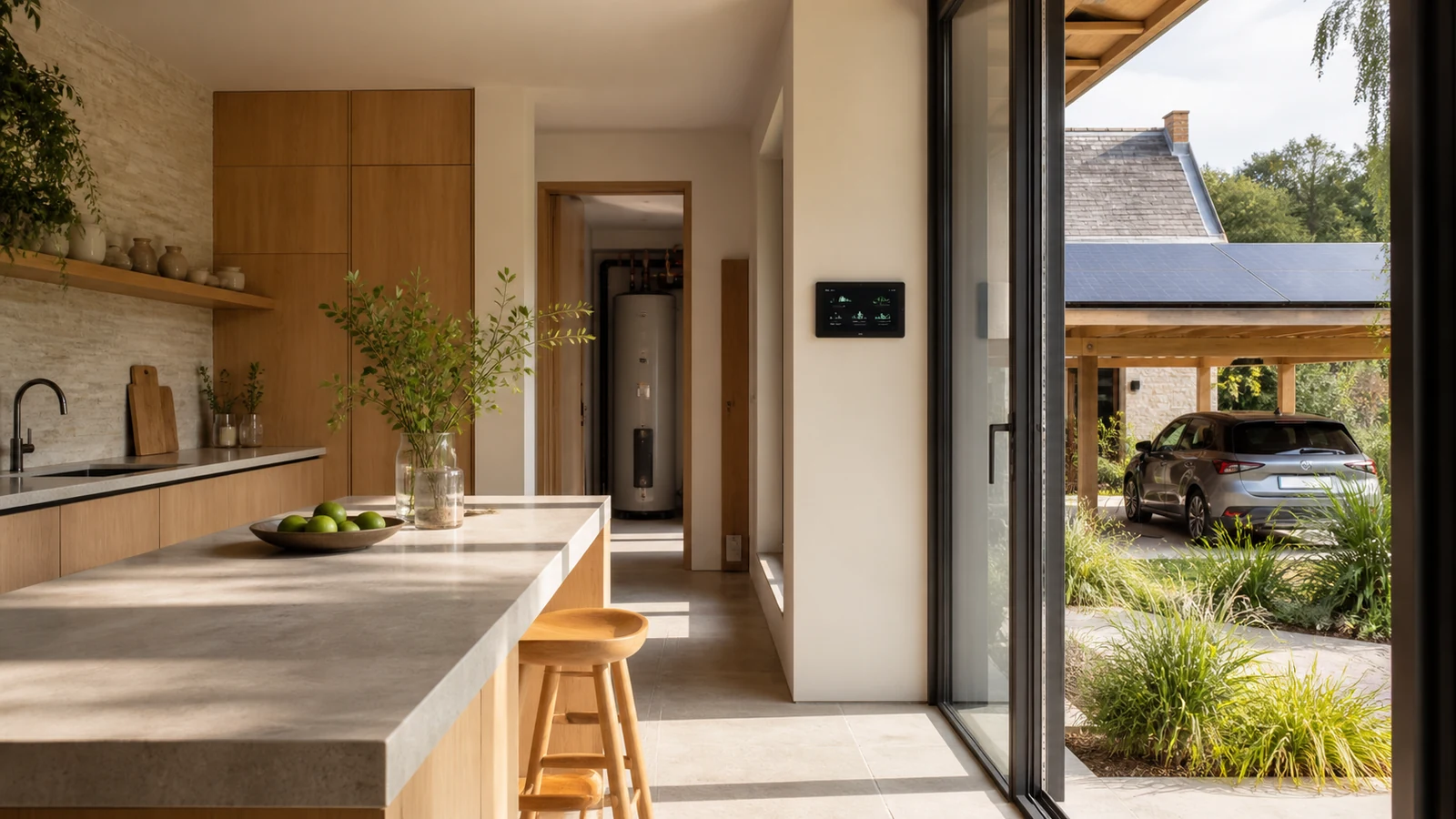 Maison française premium en autoconsommation avec panneaux solaires et véhicule électrique sous carport