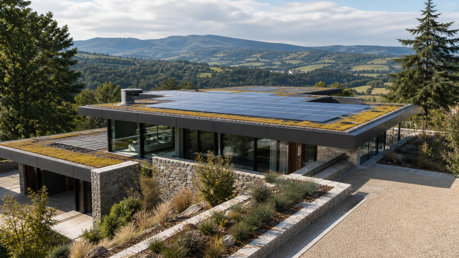 Architecture solaire contemporaine Villa contemporaine à toiture plate combinant panneaux solaires, végétalisation et pierre locale