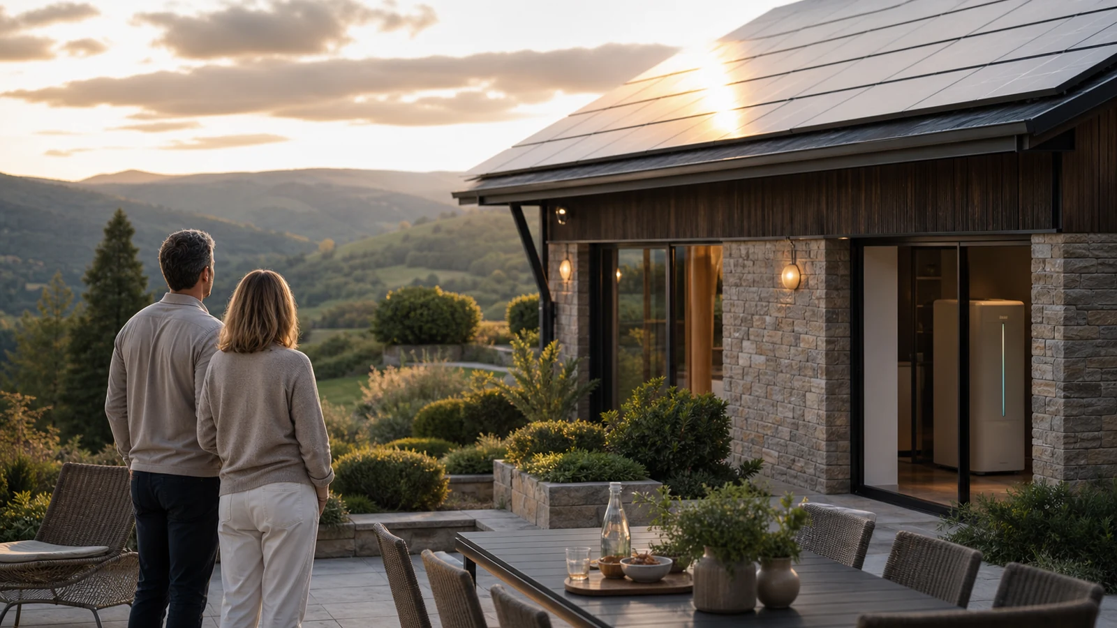 Projet solaire et autonomie résidentielle Propriétaires contemplant leur maison solaire premium équipée d'une batterie dans les collines de la Loire
