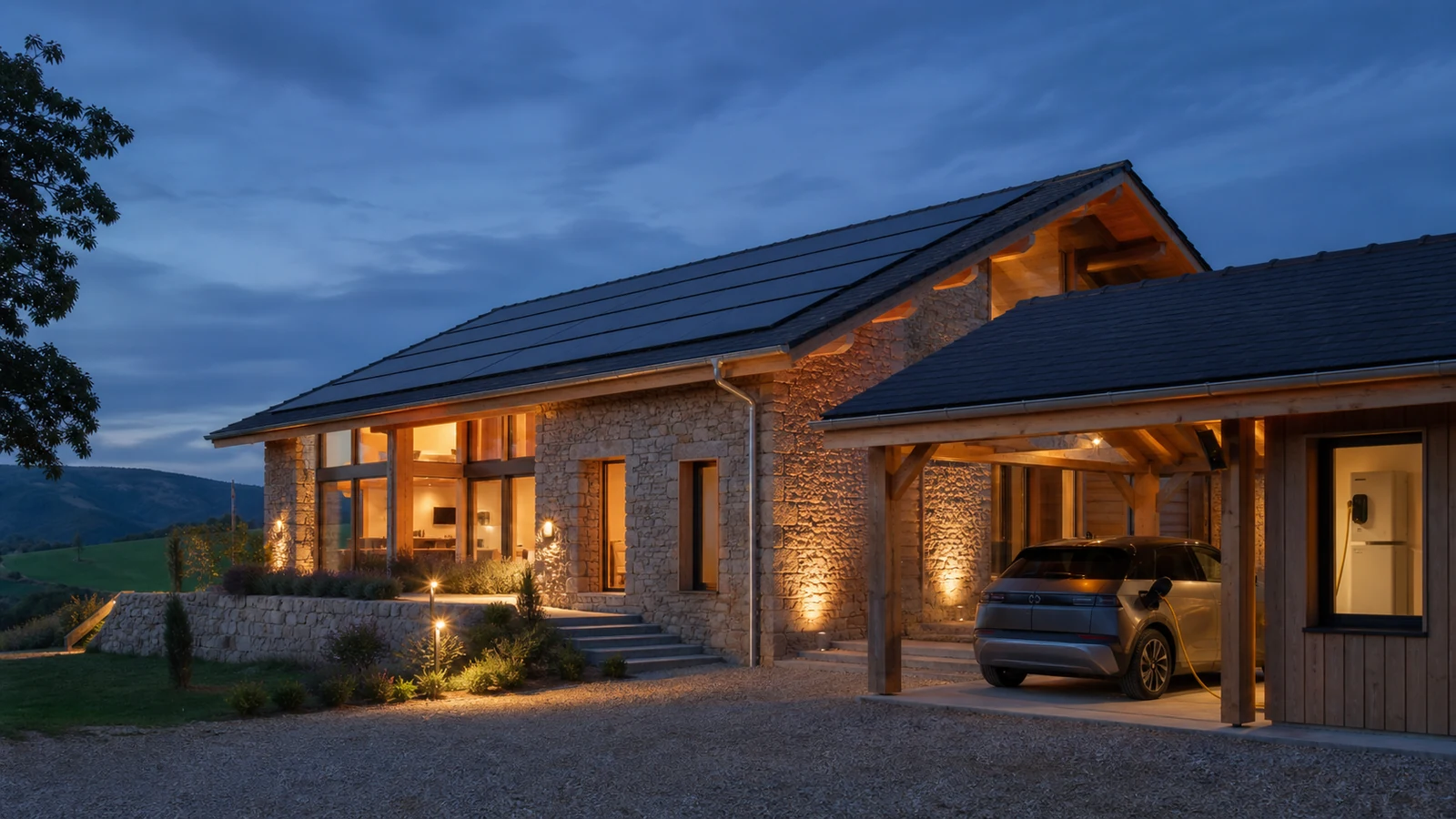 Maison solaire de la Loire au crépuscule Maison en pierre et bois avec toiture photovoltaïque et véhicule électrique à l'heure bleue