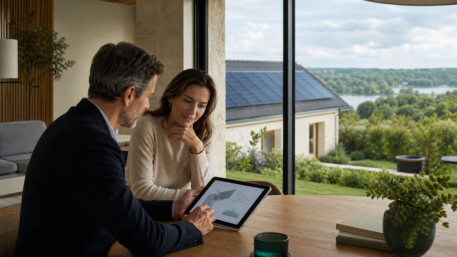 Conseiller photovoltaïque présentant une étude de production à un propriétaire dans un intérieur contemporain