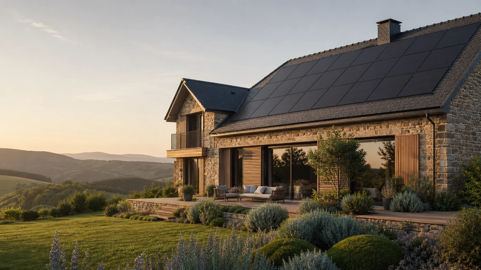 Maison contemporaine en pierre et bois équipée de panneaux solaires dans la Loire au soleil couchant