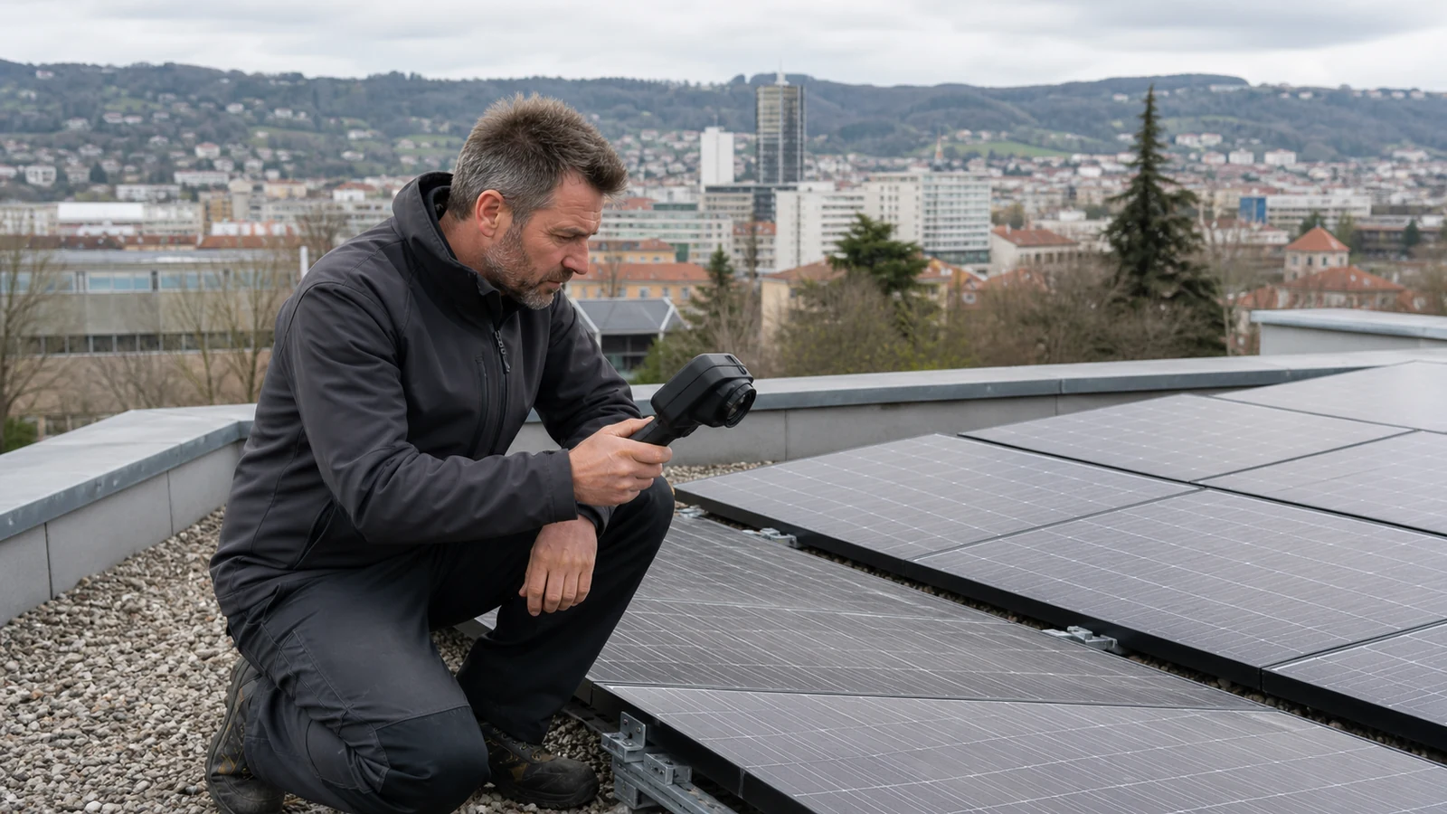 Maintenance thermique de panneaux solaires Technicien photovoltaïque réalisant une inspection thermique avec Saint-Étienne en arrière-plan