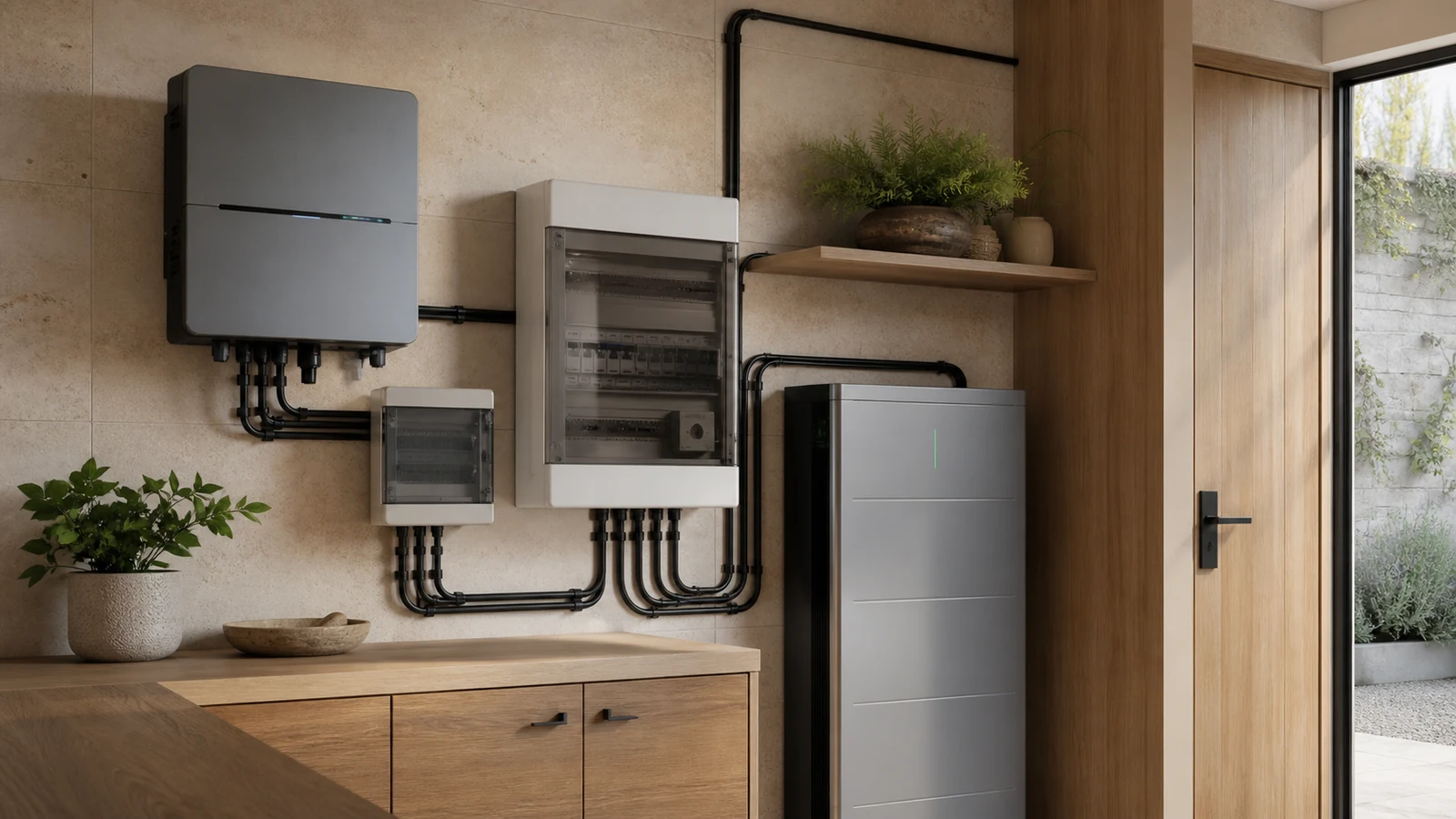 Local technique soigné avec onduleur photovoltaïque, protections électriques et batterie résidentielle