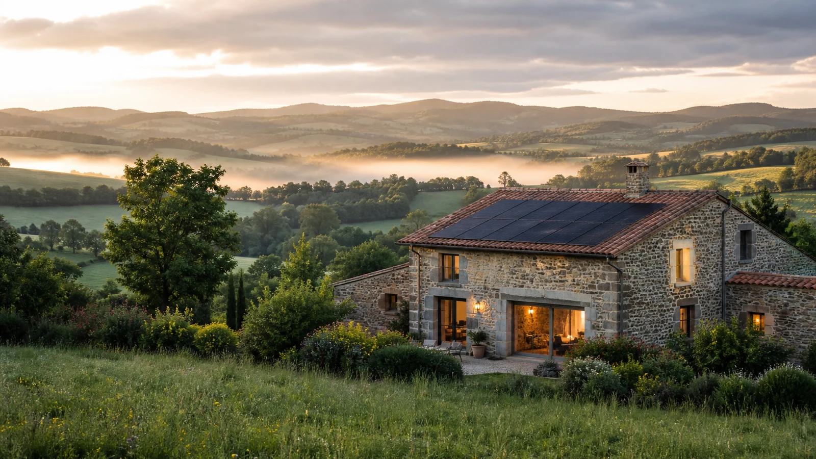 Maison solaire dans le paysage du Forez Ferme en pierre rénovée avec panneaux photovoltaïques face aux collines verdoyantes du Forez