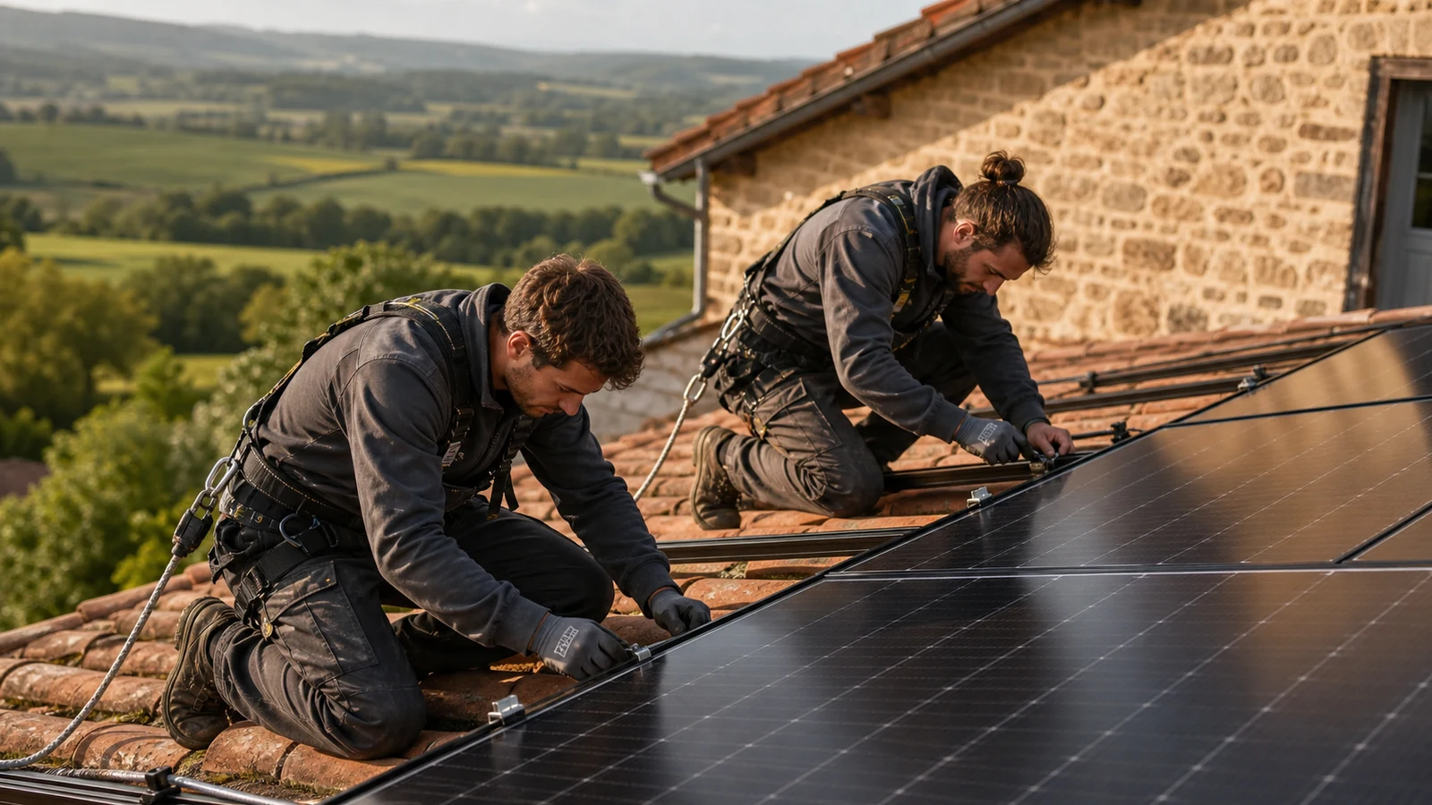 Pose professionnelle de panneaux solaires Installateurs photovoltaïques qualifiés intervenant sur une toiture en tuiles dans la Loire