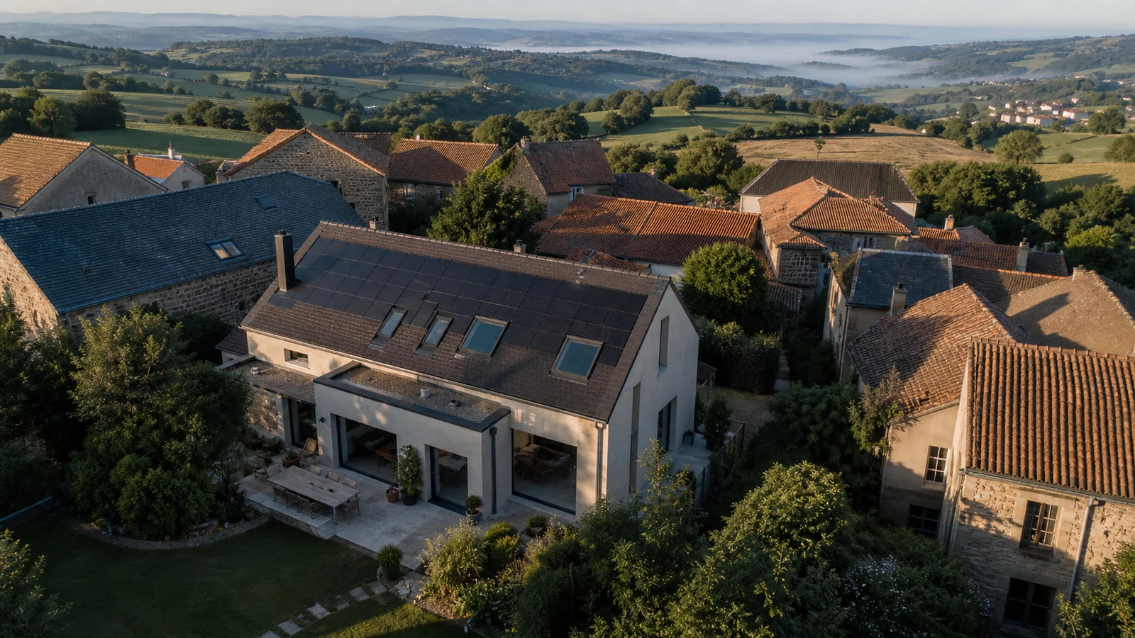 Habitat solaire dans la Loire vu du ciel Vue aérienne d'un habitat contemporain solaire intégré à un village verdoyant de la Loire