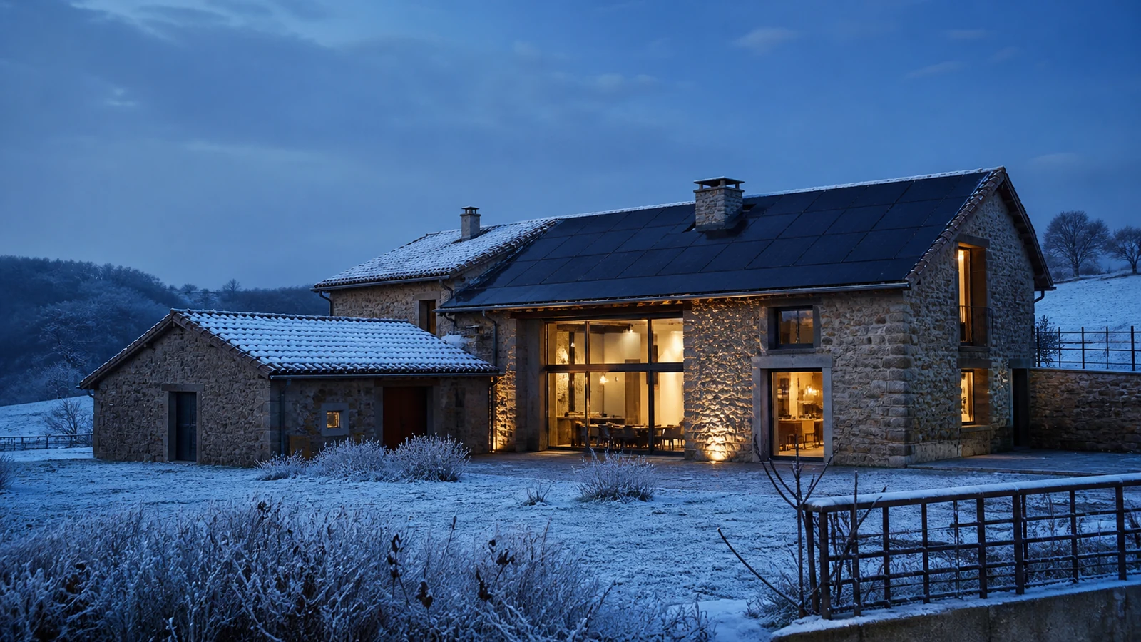 Production solaire en hiver dans le Pilat Maison en pierre équipée de panneaux photovoltaïques dans un paysage hivernal des hauteurs de la Loire